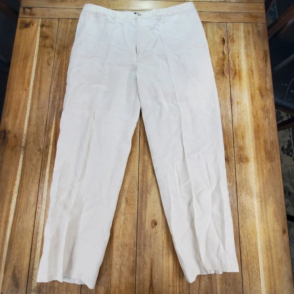 Tasso Elba Linen Pants Mens 36x32 Cream Straight Leg Lightweight Summer Trousers